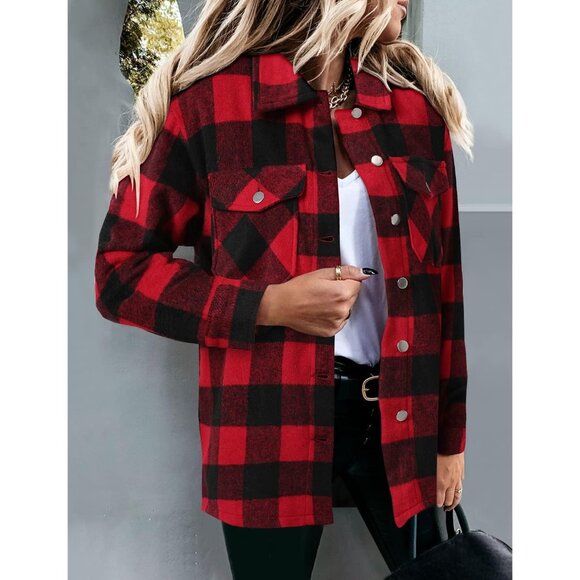 Women Plaid Red Collared V Neck Button Down Oversized Long Sleeve Shirt Top - Picture 3 of 4